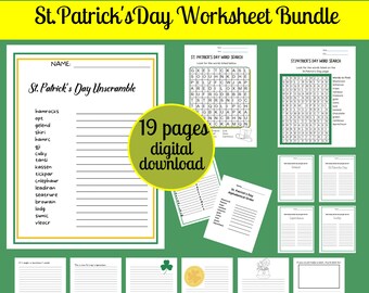 St. Patrick's Day Games Bundle, Printable Word Games for St. Patty's Day, Wordsearch, unscrambler, scattergories, instant download