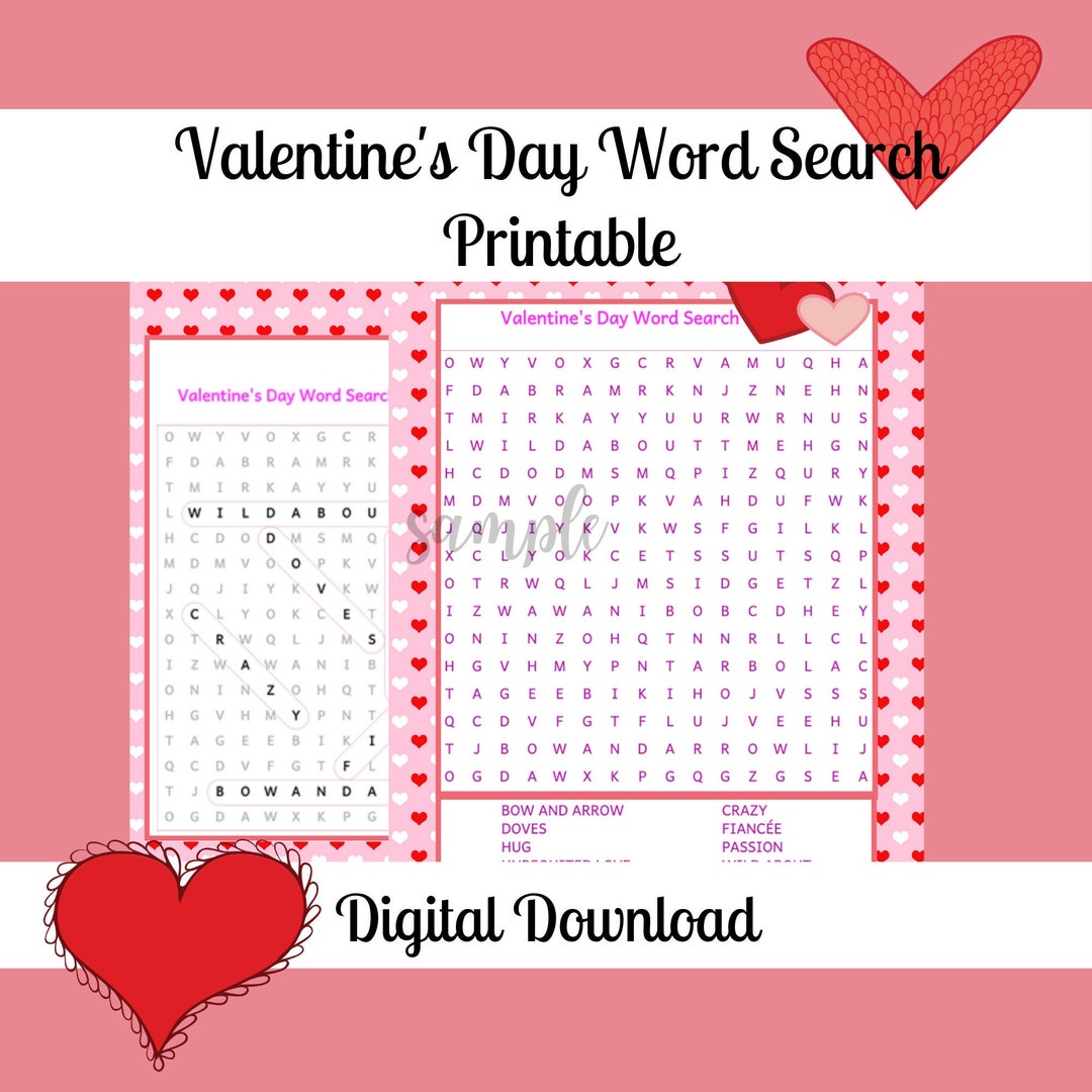 Valentine Word Search Printable, Printable Wordsearch, Digital Download ...