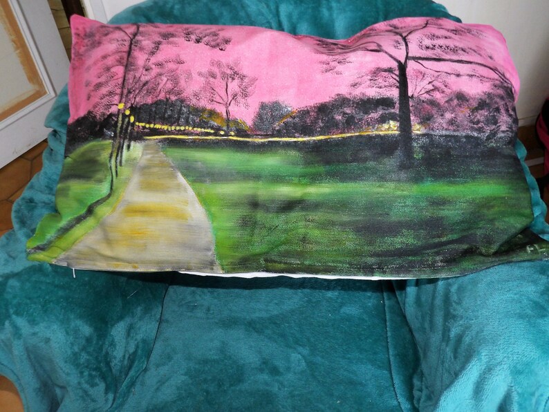 Cushion cover 60x40 cm hand painted: a park in the Paris region at sunset image 3