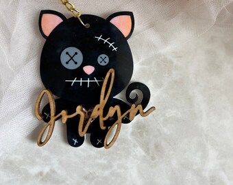 Llavero Spooky Kitty / etiqueta de canasta de boo de Halloween / etiqueta de bolso de mochila Etiquetas de nombre de Halloween personalizadas / etiquetas de nombre de acrílico / etiquetas de canasta de boo
