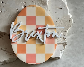 Etykieta wielkanocna | Etykieta w kształcie jajka wielkanocnego w stylu retro | etykieta do koszyka | spersonalizowana etykieta na torbę | Wzór w kratkę | Karta z imieniem na Wielkanoc | Etykieta z króliczkiem wielkanocnym