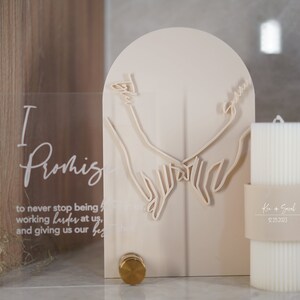 May include: A beige arch-shaped sign with two hands holding each other, the text "fu + Goal" and the date "10.25.2023". A white pillar candle with a beige band around it is in front of the sign. A clear acrylic sign with the text "I Promise to never stop being..." is to the left of the sign.