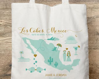 Customizable Destination Wedding Welcome Canvas Tote Bag • Cabo, Mexico • Personalized Rustic Glam Beach Bag • Wedding Party Favor