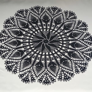 May include: Black crochet doily with a delicate floral design.