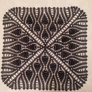 May include: A black crocheted doily with a delicate, intricate design featuring a repeating pattern of stylized leaves.
