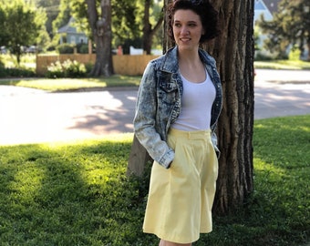 28” High Waisted Bermuda Culotte Midi Pleated Shorts Dress Summer Womens Waist Mom Hipster Yellow Cotton Long Knee Length Vintage 80s