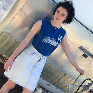 80s Guess Denim High Waisted Mini Short Light Wash Blue Jean Skirt Straight Pencil Womens Mom Waist Vintage Hipster Grunge Urban SM 26 27