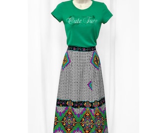 Vintage 60s 70s Womens Psychedelic Boho Abstract Mod MCM Barkcloth Long Tailored Button Side Slit Midi A-line Below Knee Skirt Medium