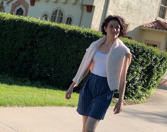 High Waisted Bermuda Culotte Midi Shorts 80s Womens Mom Hipster Blue Plaid Cotton Long Wide Leg Pleated Lightweight Vintage Rise Waist 24