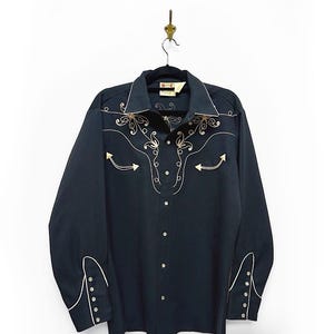 Vintage 70s 80s Mens XL -  H Bar C Western Embroidered Shirt – Gold & Black – Cord Trim - Pearl Snap Button-Up – Cowboy Rodeo