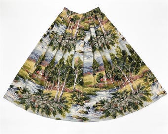 Vintage 1950s 60s Barkcloth Scenic Landscape Pleated Full Midi Skirt Womens XXS