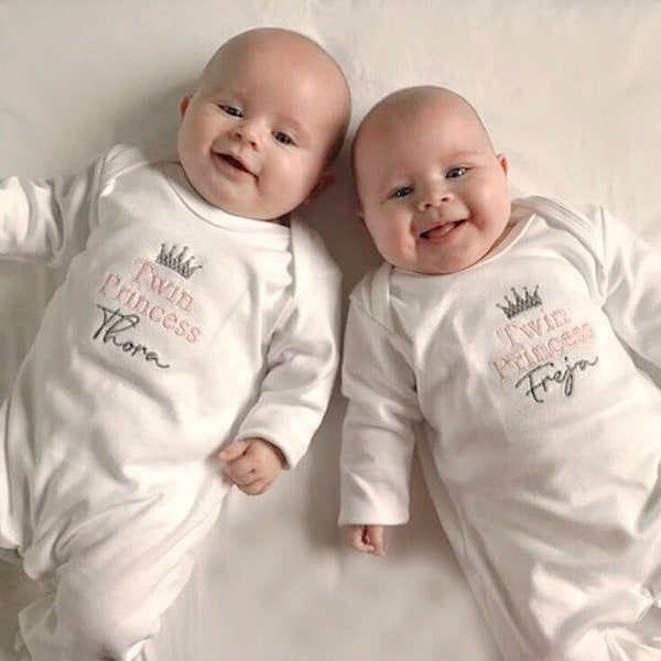 Embroidered Personalised Twin Princess Baby Sleepsuit Set (Pink and Grey Embroidery) Perfect coming home outfit for twins
