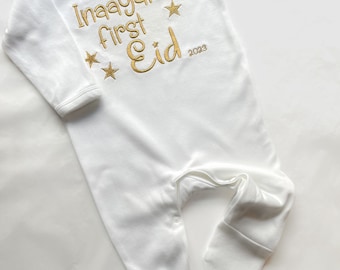Personalised My First Eid Embroidered Baby Romper Sleepsuit - gold embroidery
