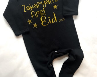 Personalised My First Eid Embroidered Black Baby Romper Sleepsuit with gold embroidery