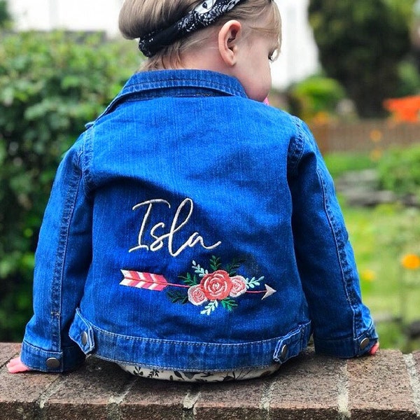 Personalised Embroidered Baby and Toddler Girl Floral Arrow Denim Jacket