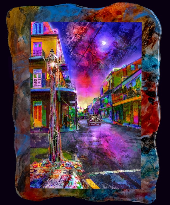 Royal Beads. New Orleans french quarter, mix media original photograph on metal hand cut and painted frame with resin on top, ready to hang