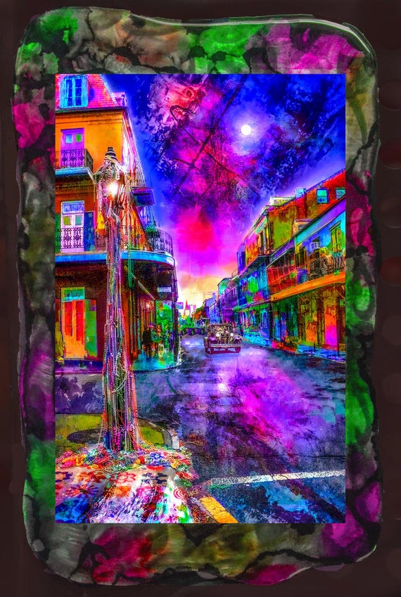 Royal Beads. 16"x25" french quarter, mix media original photograph on metal hand cut and painted frame with resin on top, ready to hang