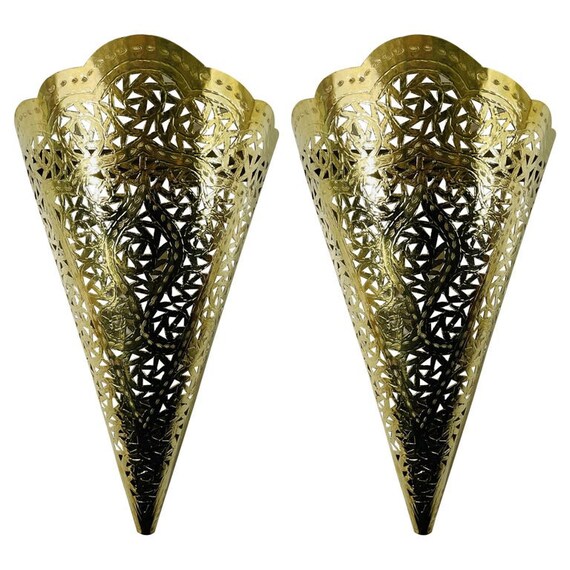 Vintage Moroccan Moorish Brass Cone Shaped Wall Sconce Shade a