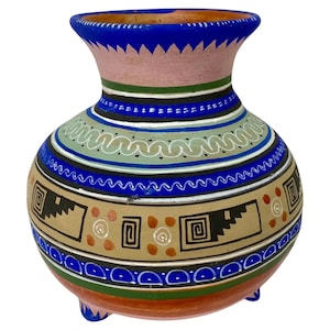 May include: A hand-painted ceramic vase with a round body and three legs. The vase is decorated with geometric patterns in shades of blue, green, brown, and white.