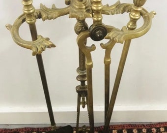Hollywood Regency Brass Fireplace Tools With Andirons, a Set of 7 Pcs