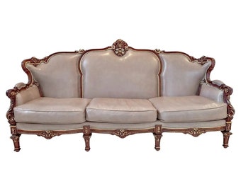 Italian Rococo Style Sofa in Fine Taupe / Gray Leather Upholstery and Mahogany