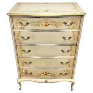 French Provincial Style Highboy Chest of Drawers or Dresser with Floral Design
