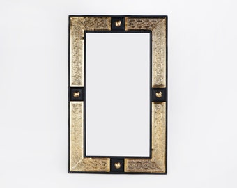 Vintage Hollywood Regency Wall Mirror, Ebonized Wood & Brass Filigree