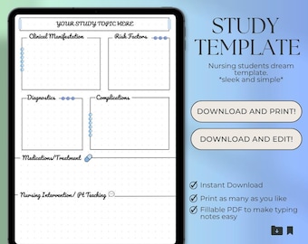Printable Nursing Study Template | NCLEX Study Guide | Nursing School Notes Sheet | Nurse Student Planner PDF