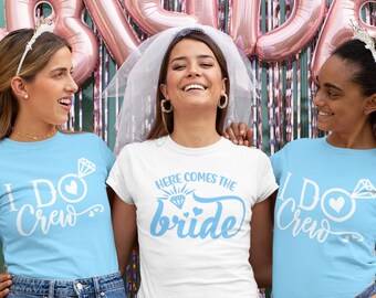 Here Comes The Bride/I Do Crew Sky Blue and White T-Shirt Bachelorette Party T-Shirt, Hen Night T-Shirt, Hen Party, Add Matching Gymsac