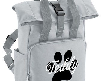 Personalised Dog Paw Backpack Twin Handle Roll-Top Dog Bag Grey