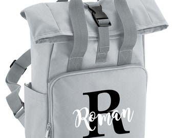 Personalised Children's Name and Initial Backpack Twin Handle Roll-Top Bag Grey