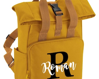 Personalised Children's Name and Initial Backpack Twin Handle Roll-Top Bag Mustard