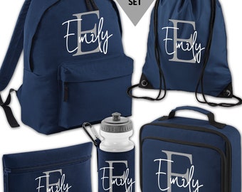 Personalised Backpack Kids School Bag Set Name and Initial Navy Lunch Bag Water Bottle Gym Bag Pencil Case Back To School