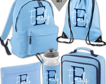 Personalised Backpack Kids School Bag Set Name and Initial Sky Blue Lunch Bag Water Bottle Gym Bag Pencil Case Back To School
