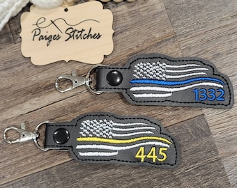 Personalized Thin Line Flag Keychain - police badge number TBL law enforcement trooper deputy officer gift back blue dispatch fire red gold