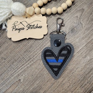 Thin Blue Line Heart Glitter Keychain - police wife personalized back the blue LEO law enforcement embroidered handmade lobster clasp