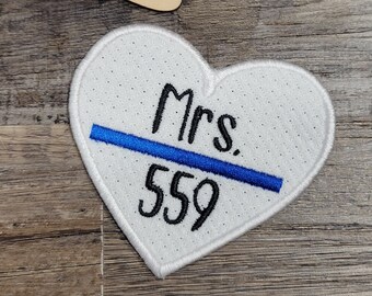 Thin Blue Line Mrs. Heart Wedding Dress Patch - embroidered personalized badge number custom police wife deputy law enforcement handmade