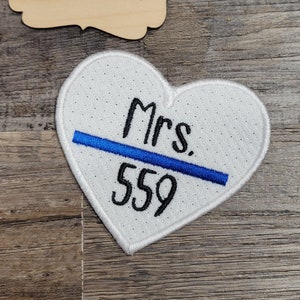 Thin Blue Line Mrs. Heart Wedding Dress Patch - embroidered personalized badge number custom police wife deputy law enforcement handmade