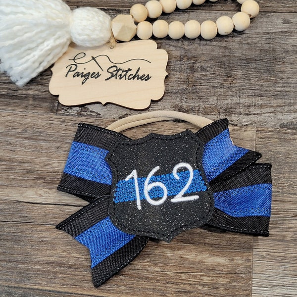 Thin Blue Line Police Badge Bow - personalized number glitter headband clip girl baby photos embroidered handmade officer trooper deputy