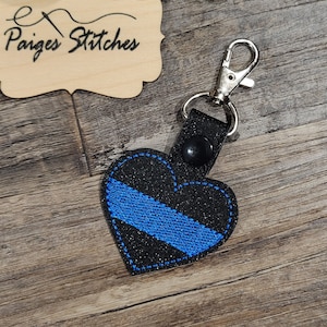Thin Blue Line Heart Keychain - personalized police wife girlfriend back the blue LEO law enforcement embroidered handmade lobster clasp