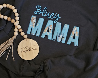 Mom Mum Blue Dog Sweatshirt - embroidered gift idea mother's day new mom handmade personalized names