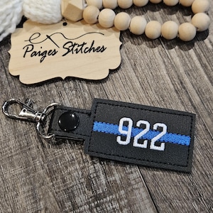Personalized Thin Line Keychain - police badge number TBL law enforcement trooper deputy officer gift flag back blue dispatch fire red gold