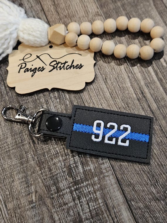 Personalized Thin Line Keychain - police badge number TBL law enforcement trooper deputy officer gift flag back blue dispatch fire red gold