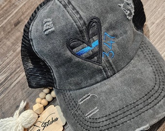 Thin Blue Line Heart Cap - personalized badge number police wife girlfriend LEO deputy trooper officer embroidered handmade ponytail