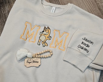 Mom Mum Blue Dog Sweatshirt - embroidered gift idea mother&#39;s day new mom handmade personalized names