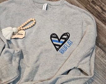 Thin Blue Line Heart Personalized Sweatshirt - police deputy officer wife badge number bella canvas pullover embroidered handmade