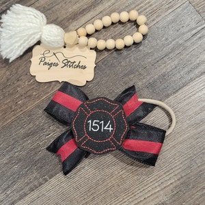 Thin Red Line Fire Bow - personalized number glitter headband clip girl baby photos embroidered handmade fighter volunteer
