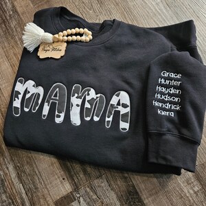 Personalized Applique Mama Sweatshirt - cow print black names custom kids embroidered gift idea handmade mother&#39;s day new mom