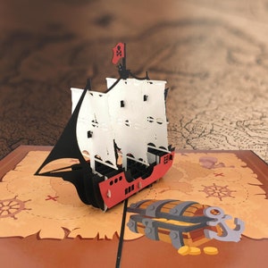 Biglietto pop-up 3D con nave pirata Jolly Roger