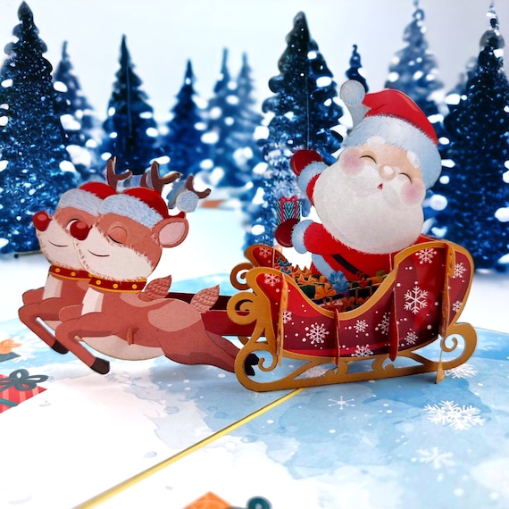 LIN Biglietto Di Natale Pop-Up 3D - Babbo Natale Sulla Slitta Con Renne - Fatto A Mano Con Carta Fedrigoni E Kishu, Formato 11,5x17 Cm - 5